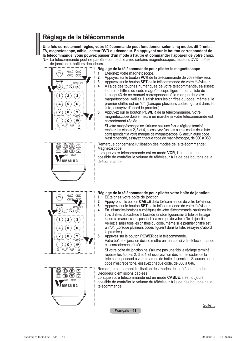 Réglage de la télécommande | Samsung PS42A411C2 User Manual | Page 89 / 568