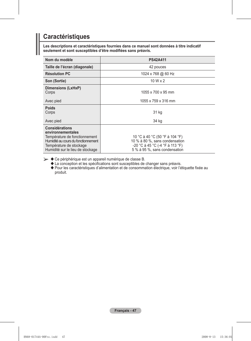 Caractéristiques | Samsung PS42A411C2 User Manual | Page 95 / 568