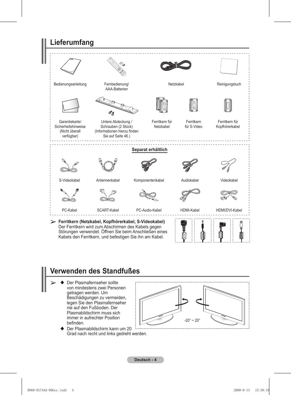 Lieferumfang, Verwenden des standfußes | Samsung PS42A411C2 User Manual | Page 99 / 568