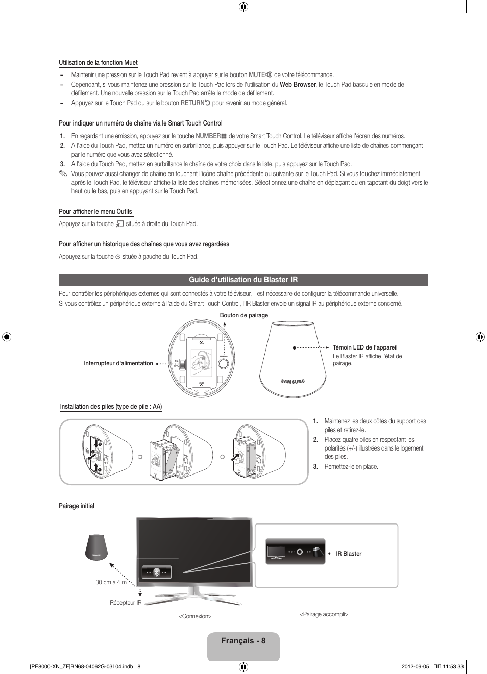 Guide d'utilisation du blaster ir, Français - 8 | Samsung PS51E8000GS User Manual | Page 31 / 93