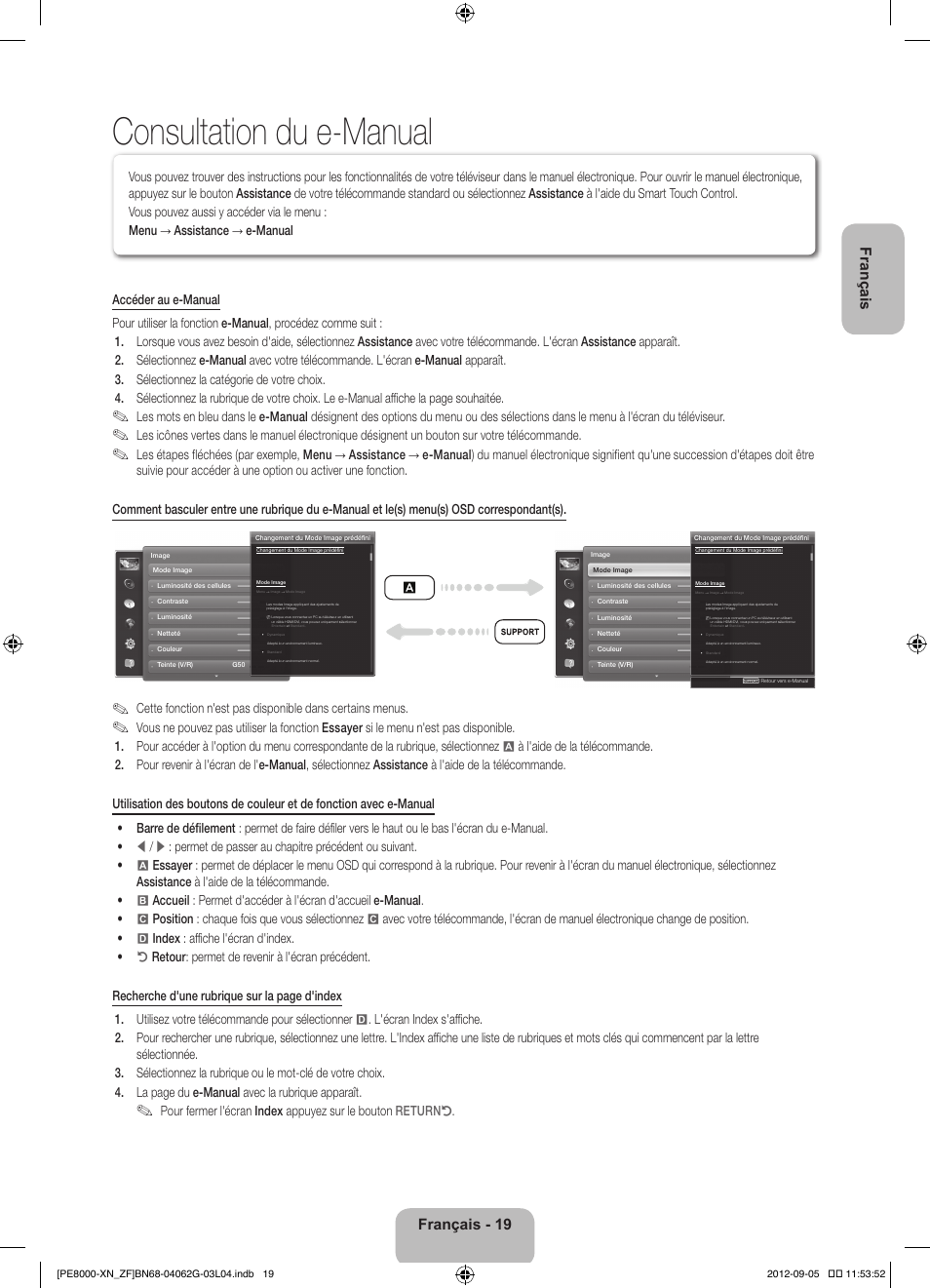 Consultation du e-manual, Français, Français - 19 | Samsung PS51E8000GS User Manual | Page 42 / 93