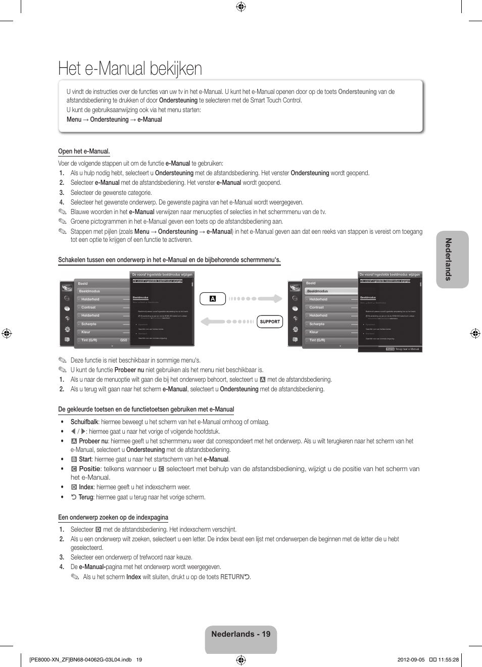 Het e-manual bekijken, Nederlands, Nederlands - 19 | Deze functie is niet beschikbaar in sommige menu's | Samsung PS51E8000GS User Manual | Page 88 / 93