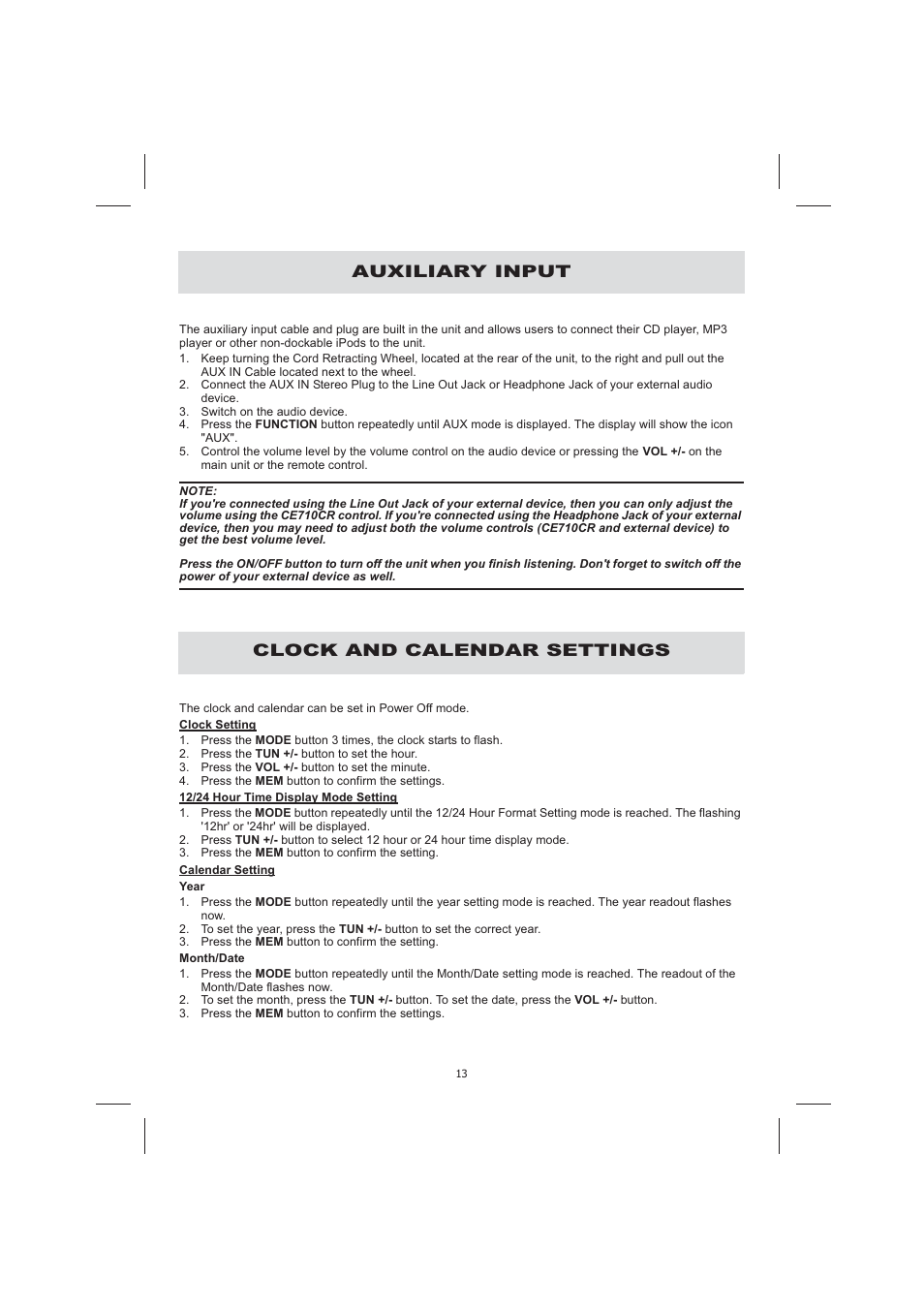 Auxiliary input, Clock and calendar settings | Audiovox CE710CR User Manual | Page 17 / 60