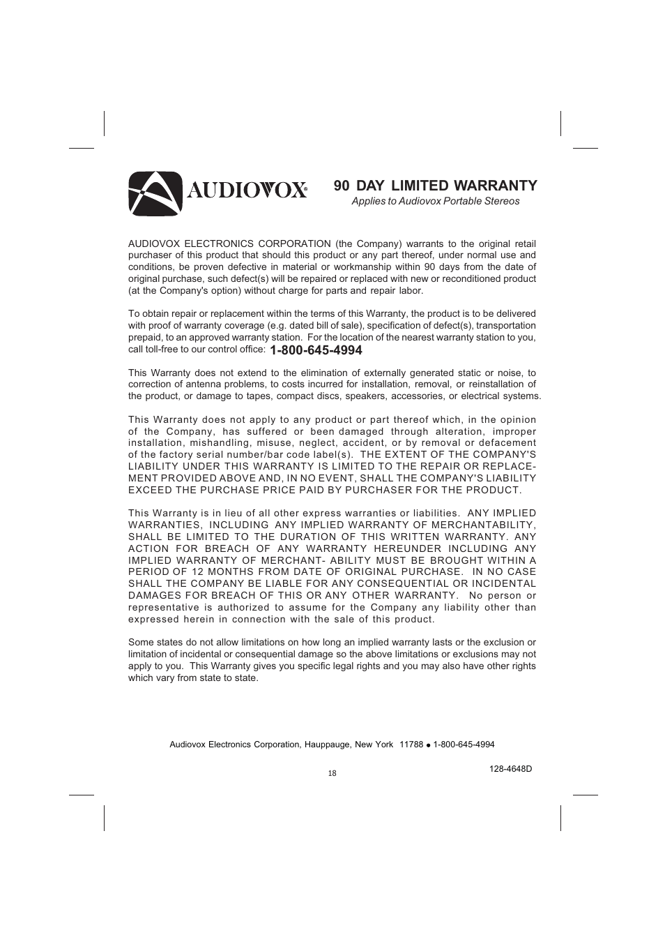 90 day limited warranty | Audiovox CE710CR User Manual | Page 22 / 60