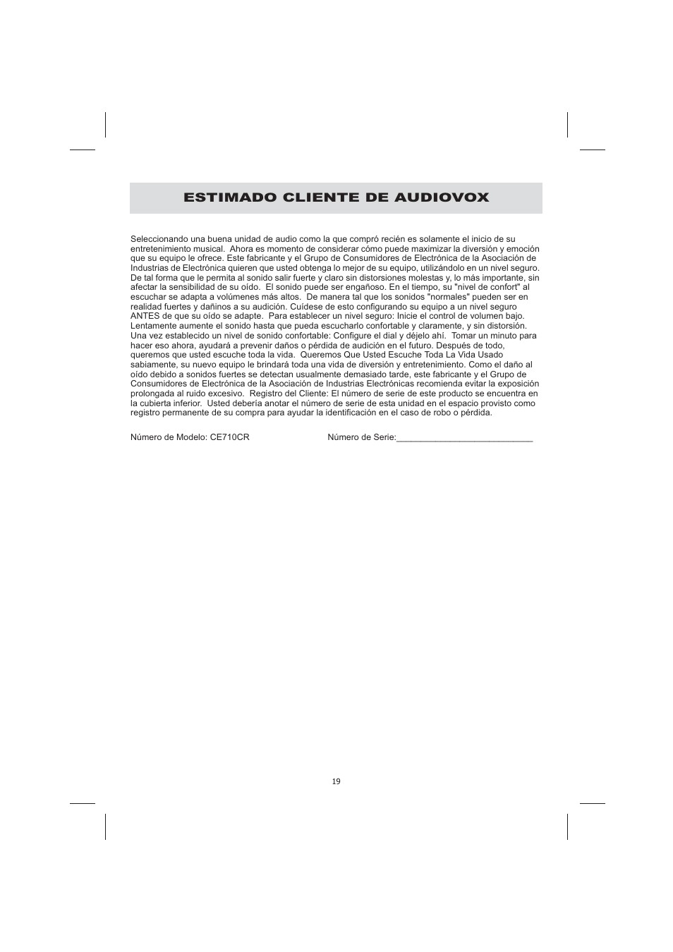 Estimado cliente de audiovox | Audiovox CE710CR User Manual | Page 23 / 60