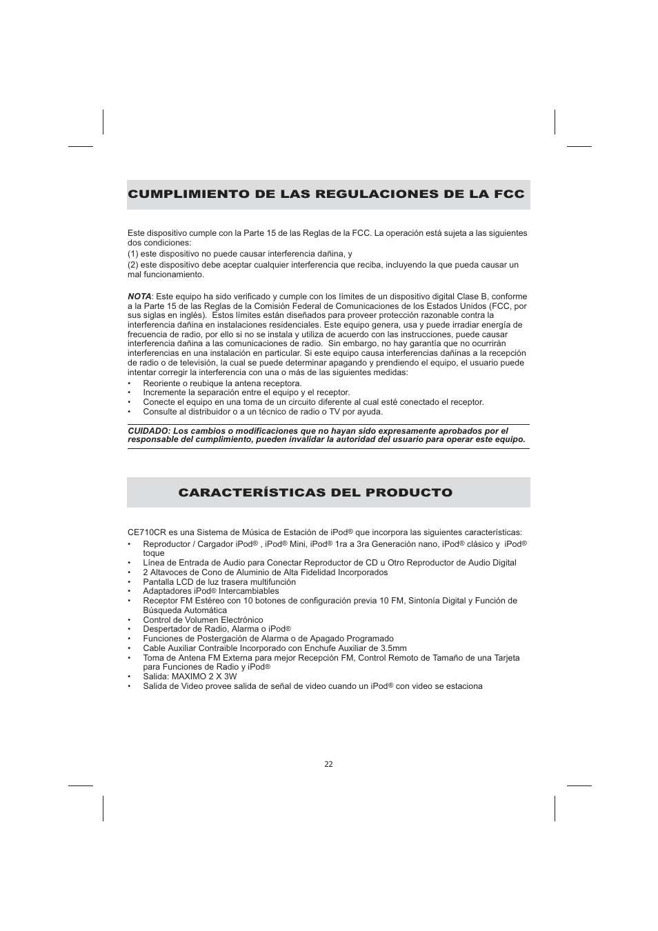 Cumplimiento de las regulaciones de la fcc, Características del producto | Audiovox CE710CR User Manual | Page 26 / 60