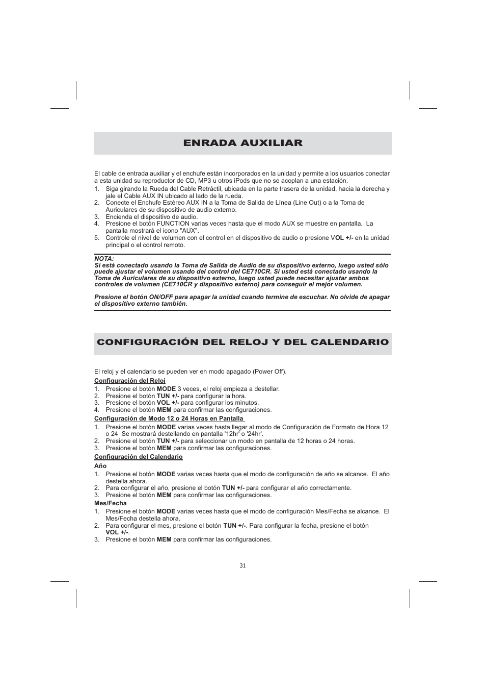 Enrada auxiliar, Configuración del reloj y del calendario | Audiovox CE710CR User Manual | Page 35 / 60