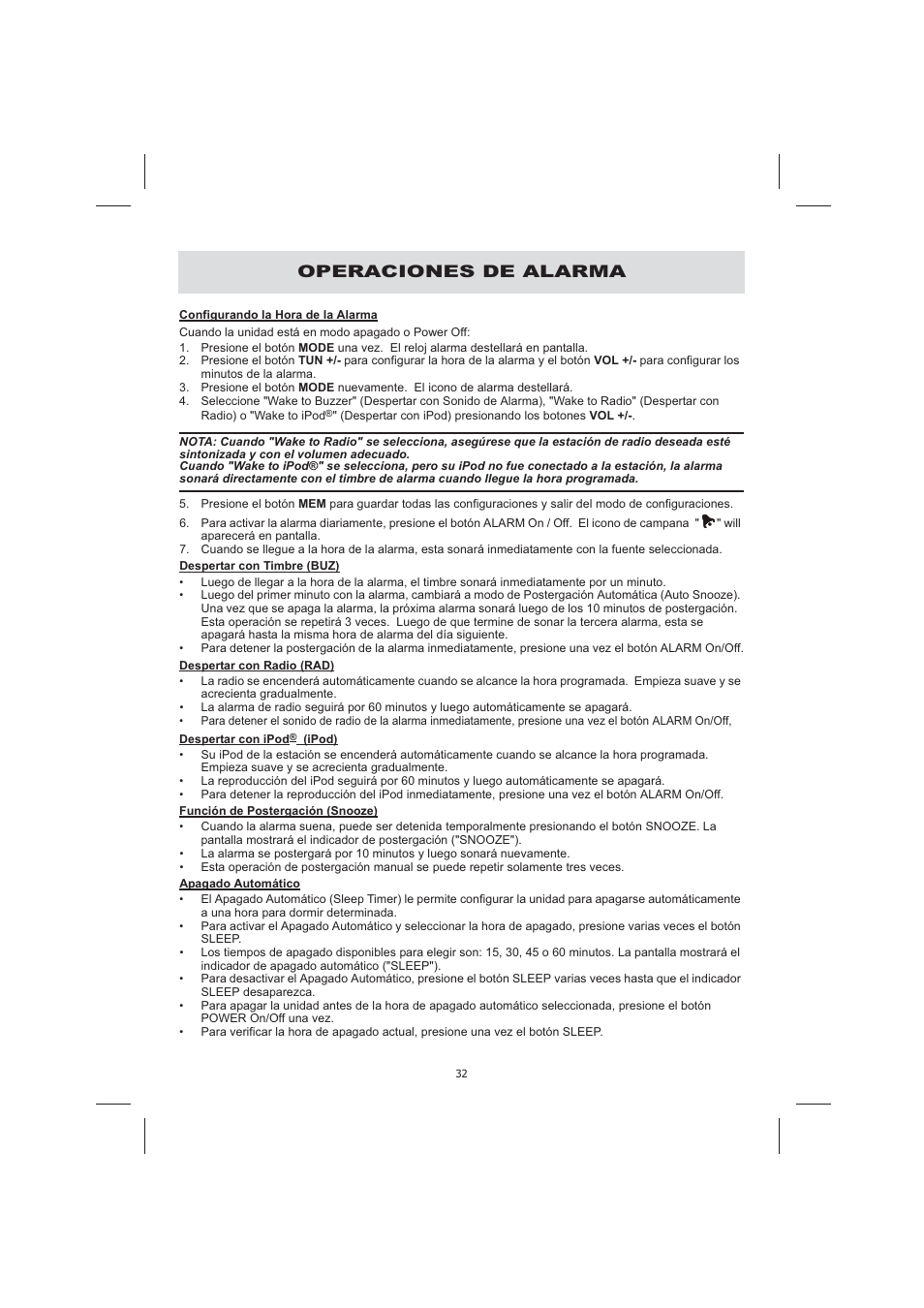 Operaciones de alarma | Audiovox CE710CR User Manual | Page 36 / 60