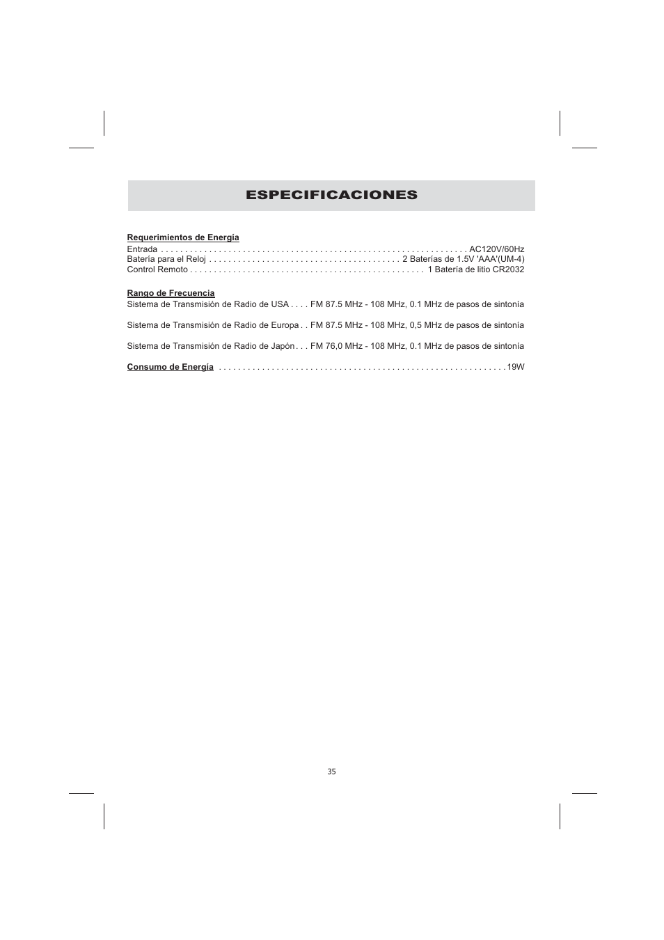 Especificaciones | Audiovox CE710CR User Manual | Page 39 / 60