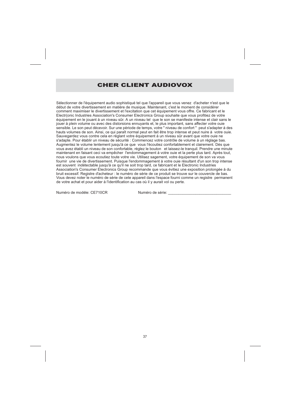 Cher client audiovox | Audiovox CE710CR User Manual | Page 41 / 60