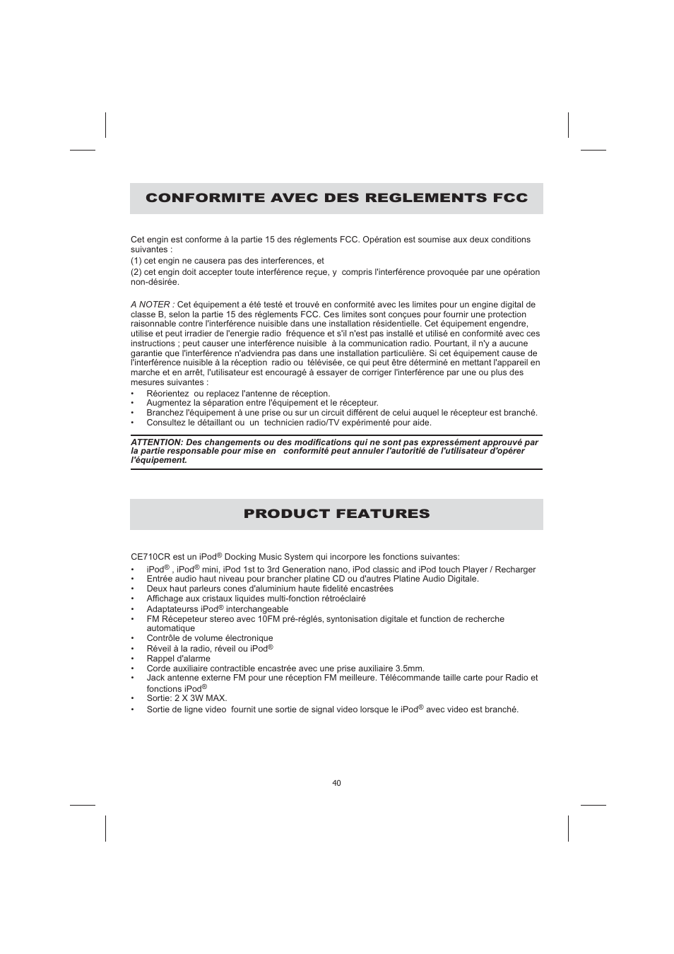 Conformite avec des reglements fcc, Product features | Audiovox CE710CR User Manual | Page 44 / 60