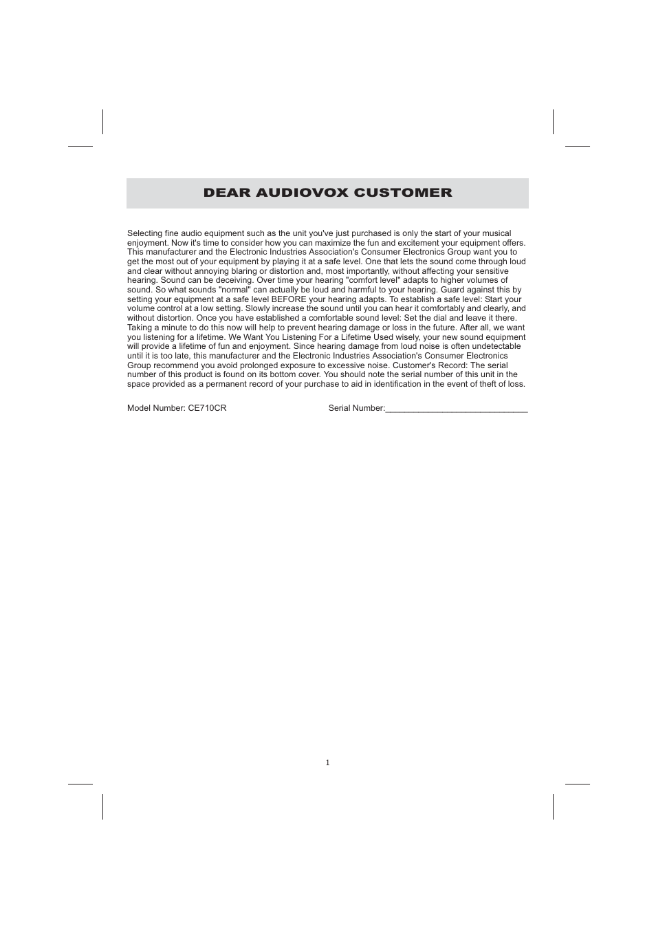 Dear audiovox customer | Audiovox CE710CR User Manual | Page 5 / 60