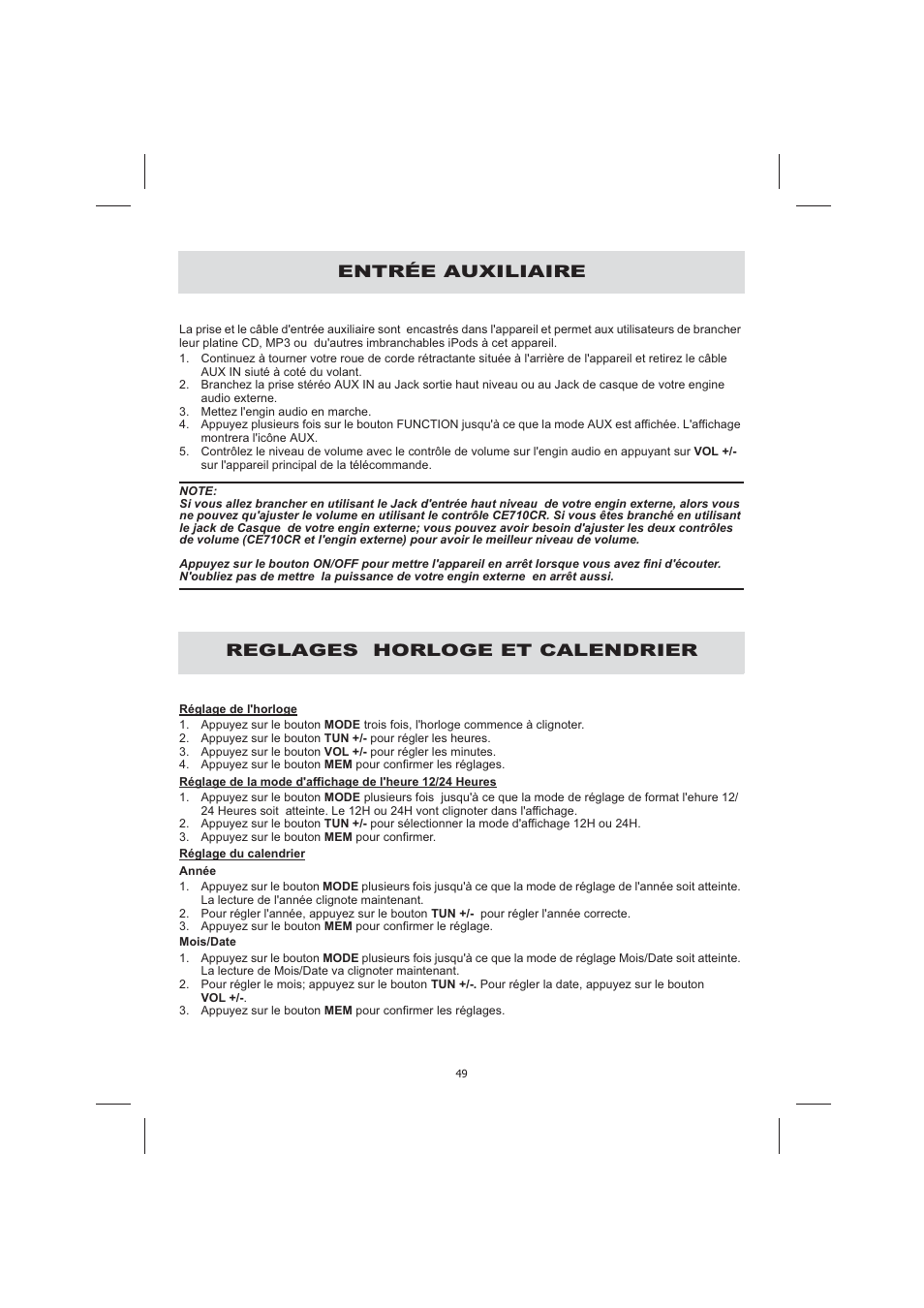Entrée auxiliaire, Reglages horloge et calendrier | Audiovox CE710CR User Manual | Page 53 / 60