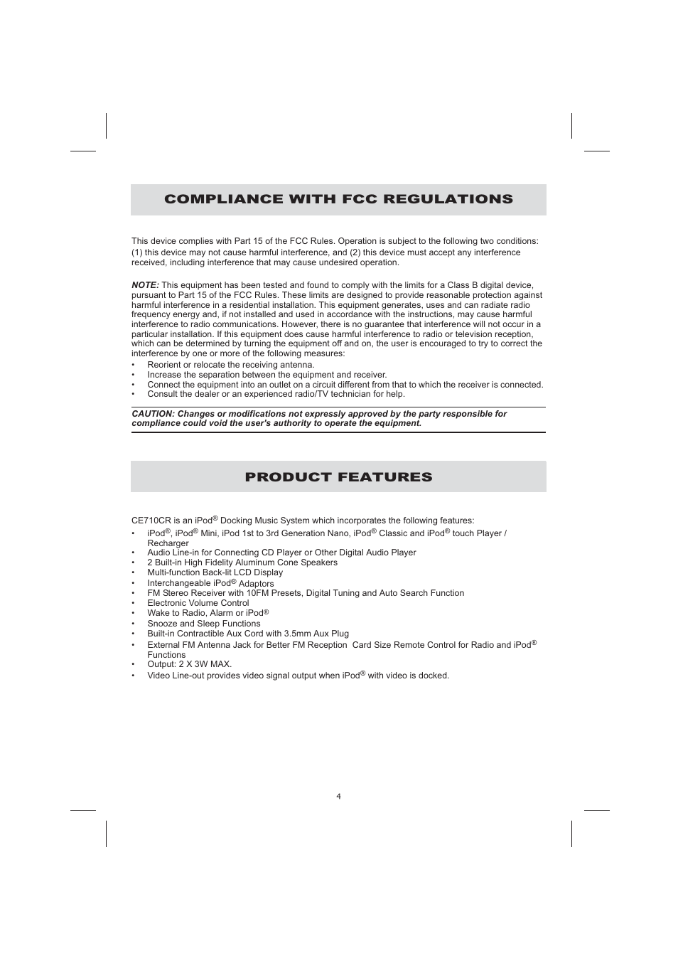 Compliance with fcc regulations, Product features | Audiovox CE710CR User Manual | Page 8 / 60