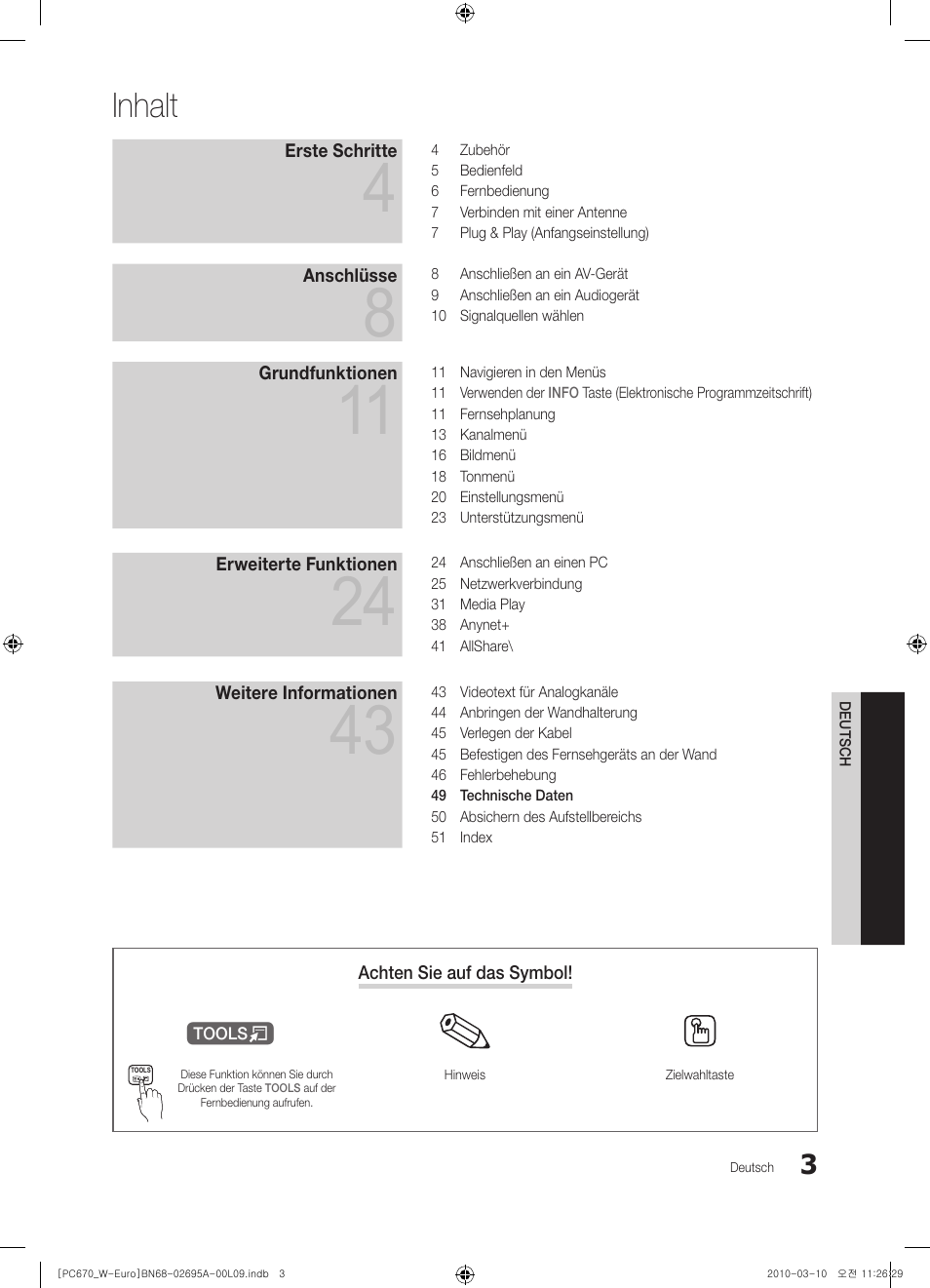 Inhalt | Samsung PS50C670G3S User Manual | Page 103 / 452