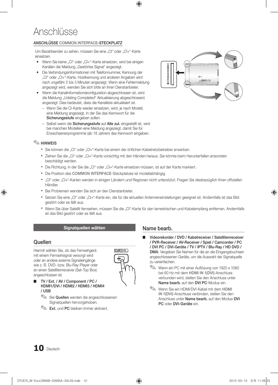 Anschlüsse | Samsung PS50C670G3S User Manual | Page 110 / 452