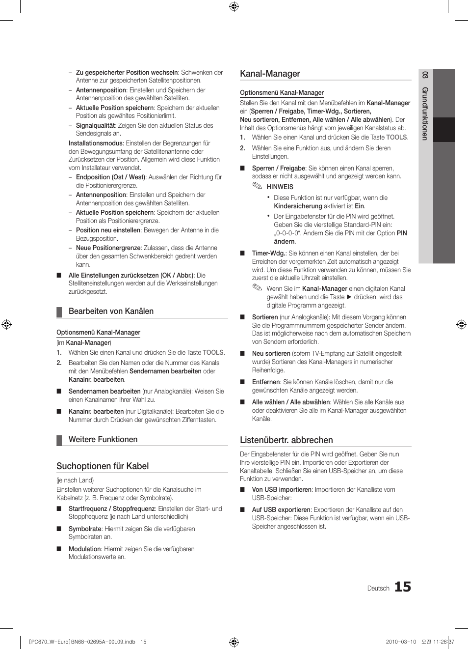 Suchoptionen für kabel, Kanal-manager, Listenübertr. abbrechen | Samsung PS50C670G3S User Manual | Page 115 / 452