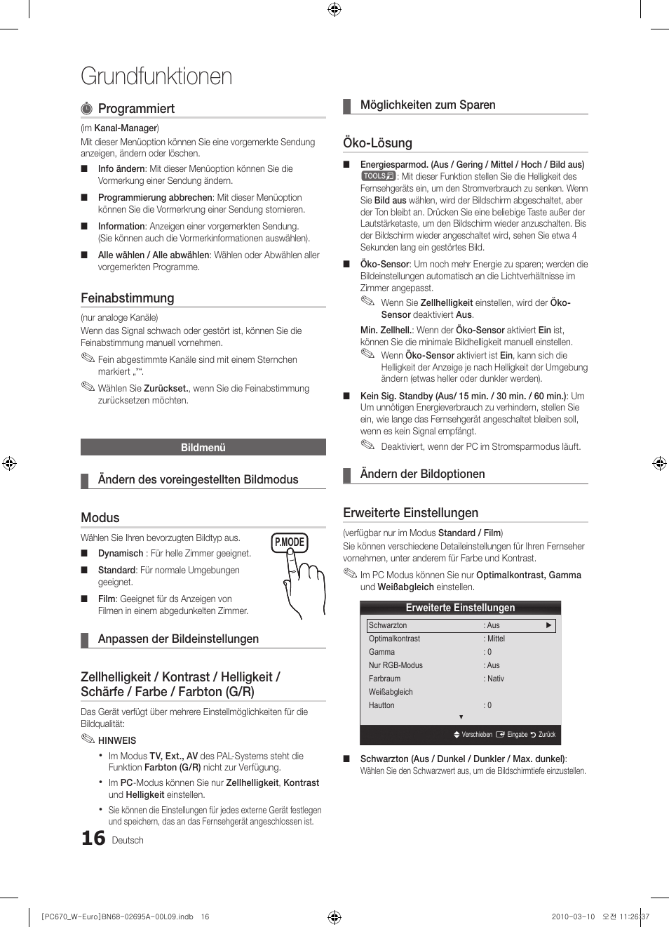 Grundfunktionen, Programmiert, Feinabstimmung | Modus, Öko-lösung, Erweiterte einstellungen | Samsung PS50C670G3S User Manual | Page 116 / 452