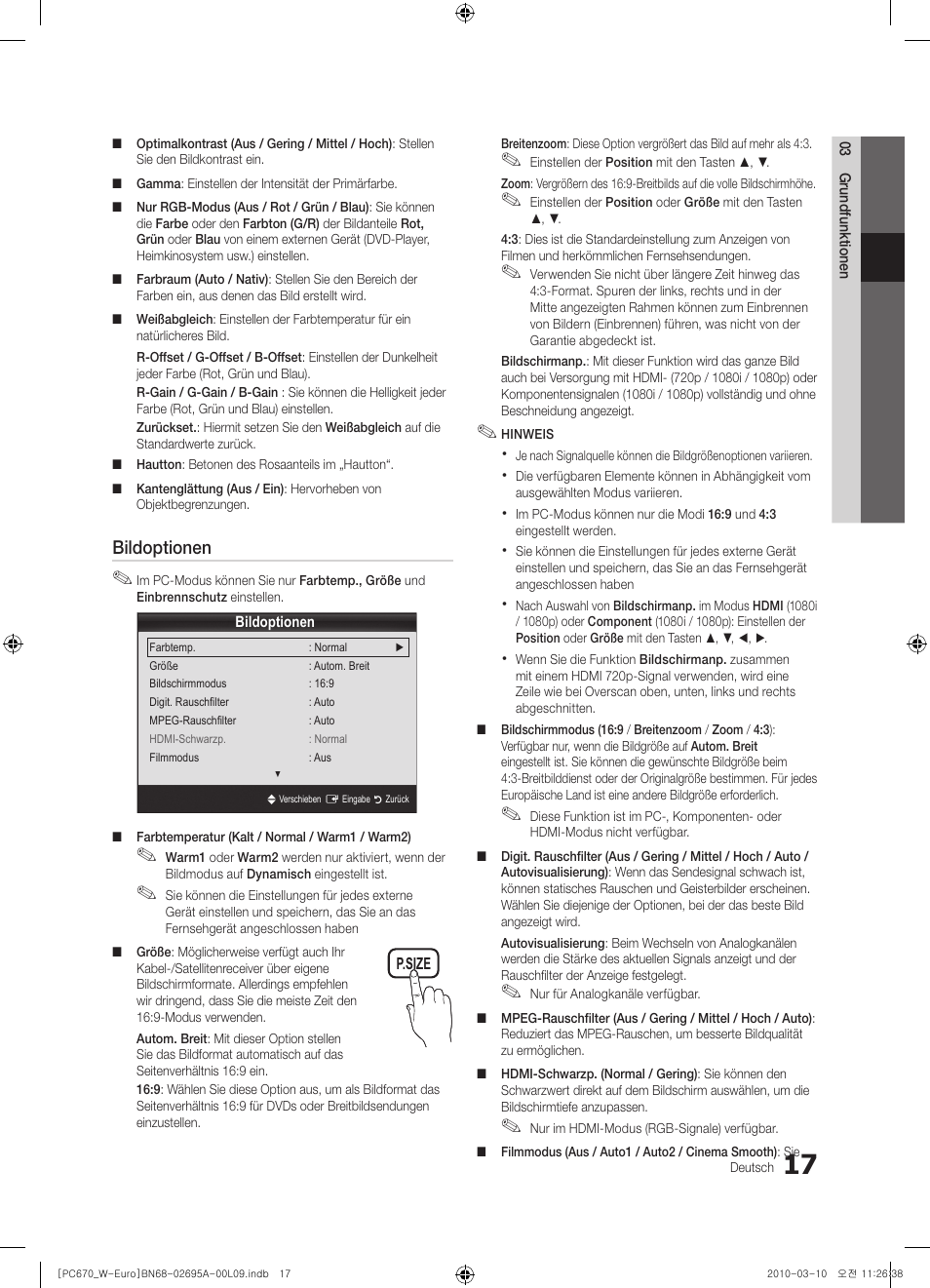 Bildoptionen | Samsung PS50C670G3S User Manual | Page 117 / 452