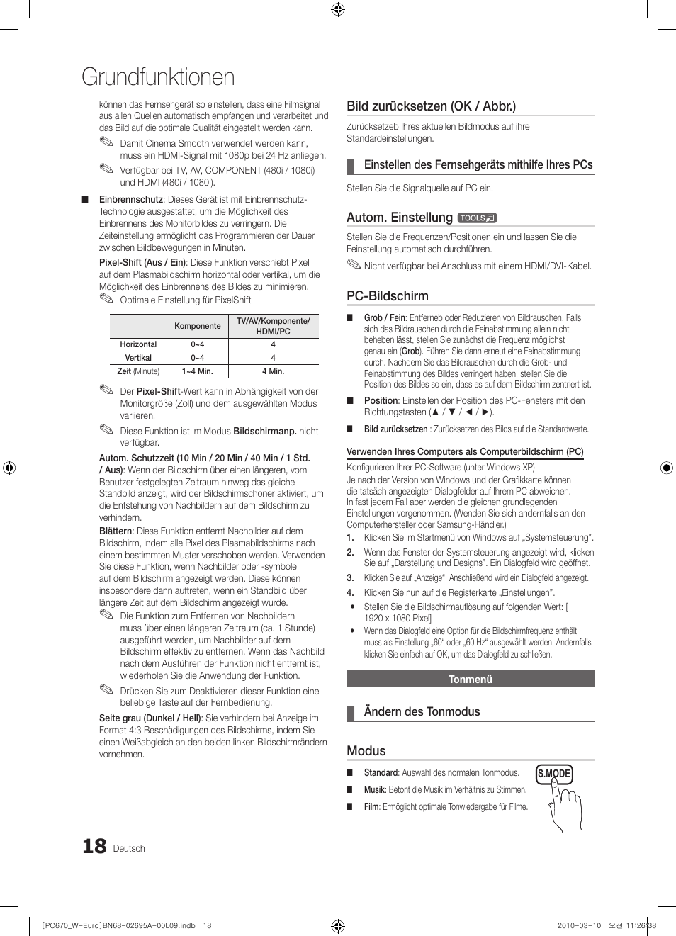 Grundfunktionen, Bild zurücksetzen (ok / abbr.), Autom. einstellung | Pc-bildschirm, Modus | Samsung PS50C670G3S User Manual | Page 118 / 452