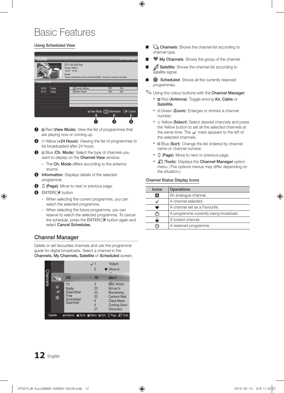 Basic features, Channel manager | Samsung PS50C670G3S User Manual | Page 12 / 452