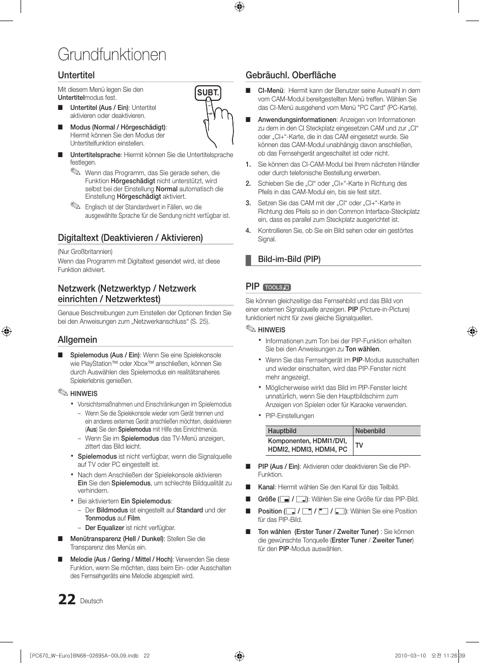 Grundfunktionen, Untertitel, Digitaltext (deaktivieren / aktivieren) | Allgemein, Gebräuchl. oberfläche | Samsung PS50C670G3S User Manual | Page 122 / 452