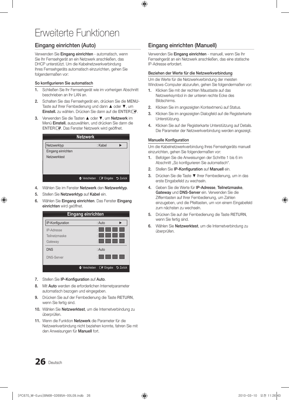 Erweiterte funktionen, Eingang einrichten (auto), Eingang einrichten (manuell) | Samsung PS50C670G3S User Manual | Page 126 / 452