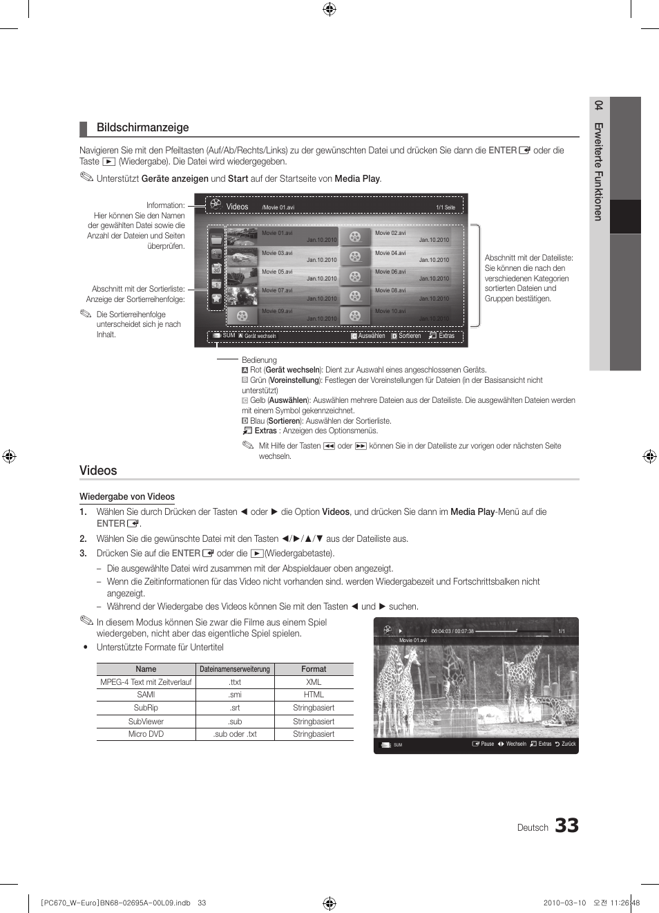 Videos, Bildschirmanzeige | Samsung PS50C670G3S User Manual | Page 133 / 452