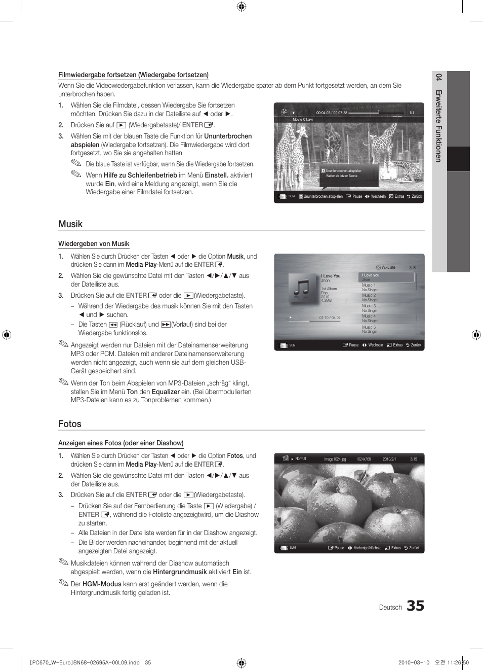 Musik, Fotos | Samsung PS50C670G3S User Manual | Page 135 / 452