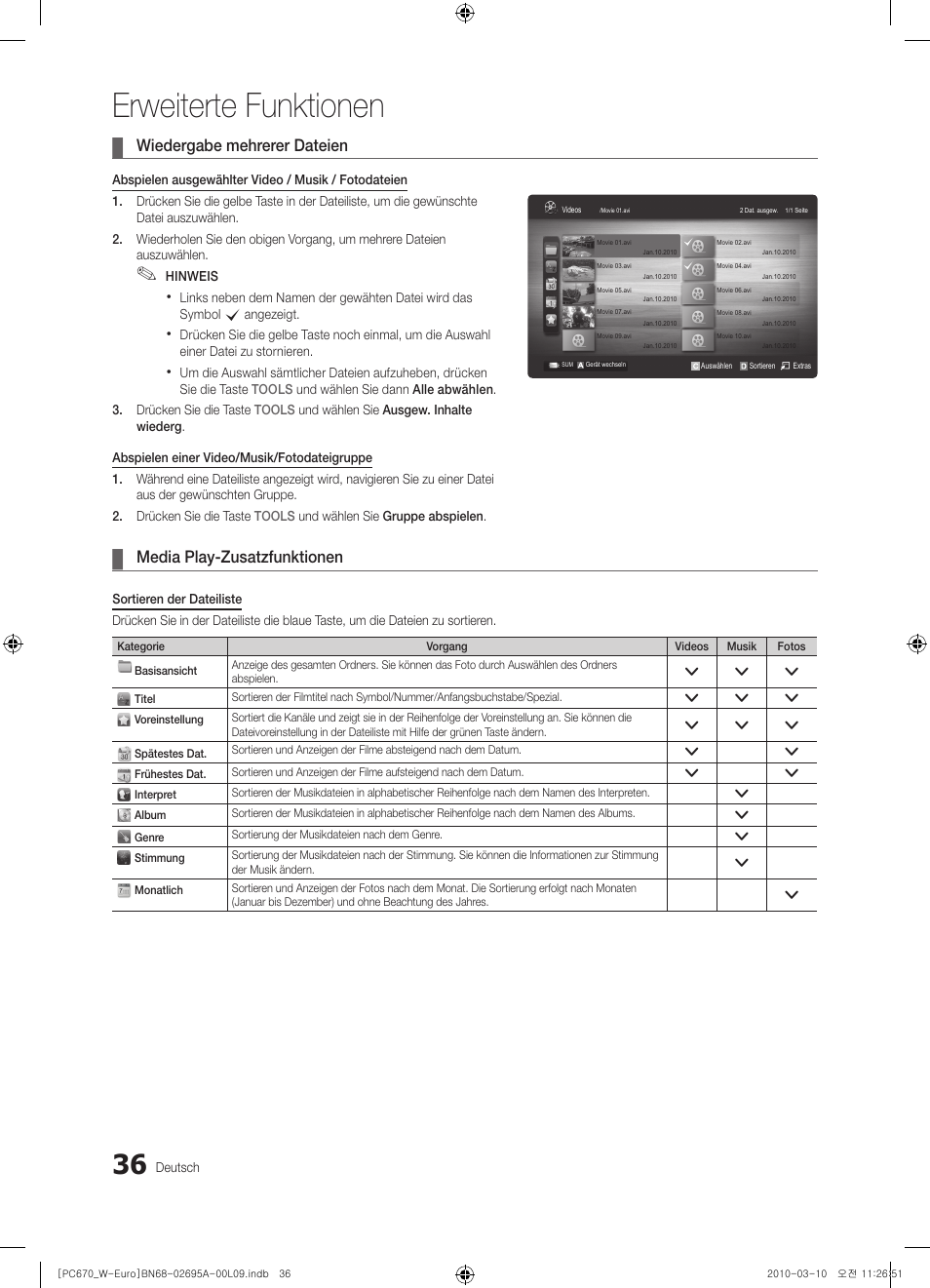 Erweiterte funktionen, Wiedergabe mehrerer dateien, Media play-zusatzfunktionen | Samsung PS50C670G3S User Manual | Page 136 / 452