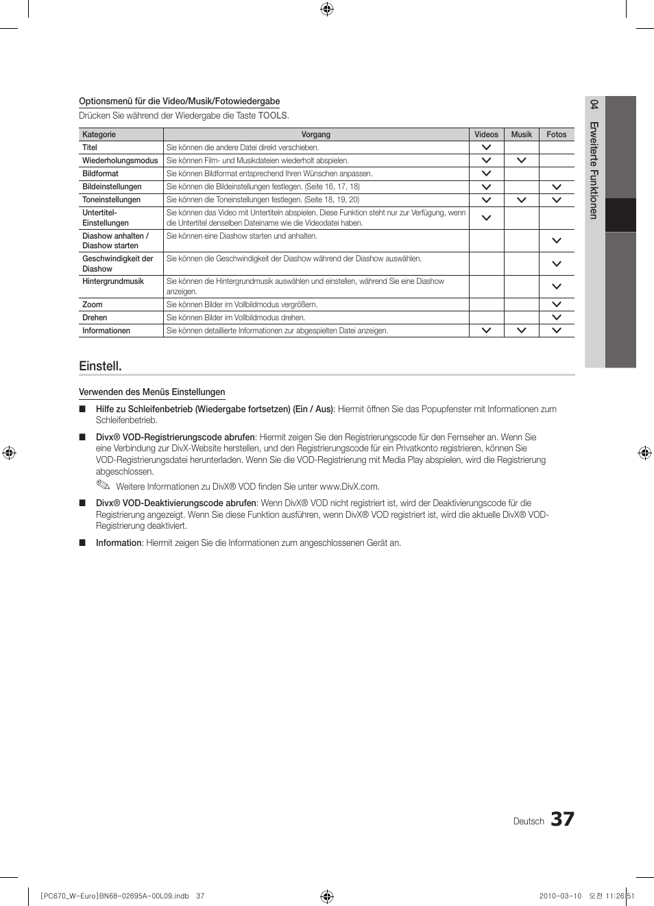 Einstell | Samsung PS50C670G3S User Manual | Page 137 / 452