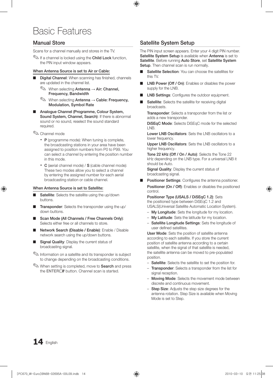 Basic features, Manual store, Satellite system setup | Samsung PS50C670G3S User Manual | Page 14 / 452