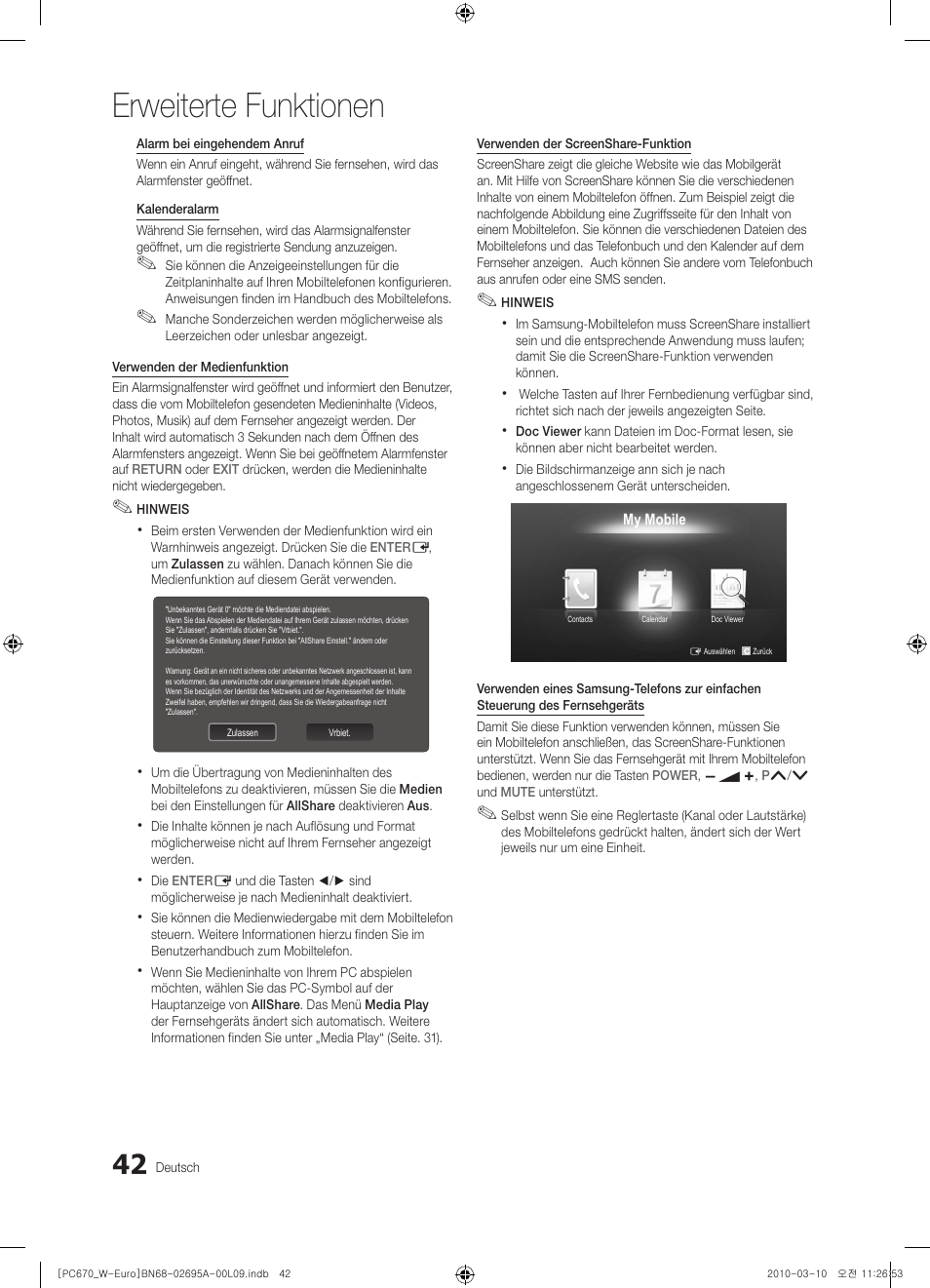 Erweiterte funktionen | Samsung PS50C670G3S User Manual | Page 142 / 452