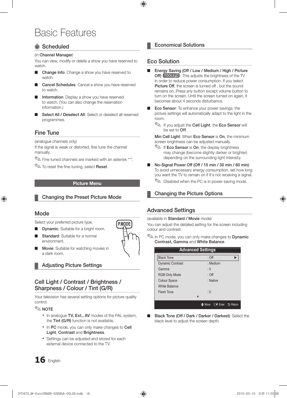 Picture menu, Basic features, Scheduled | Fine tune, Mode, Eco solution, Advanced settings | Samsung PS50C670G3S User Manual | Page 16 / 452