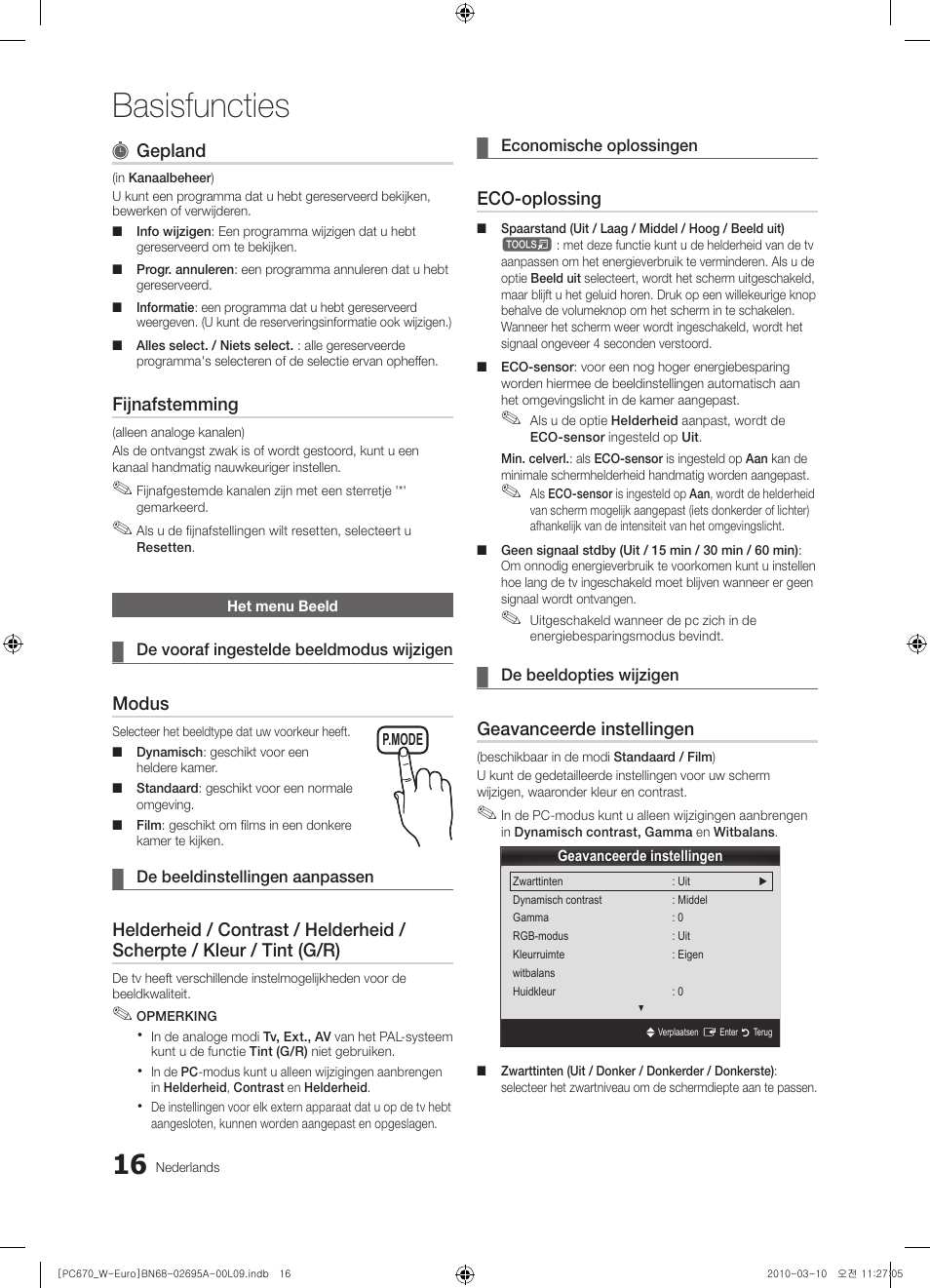 Basisfuncties, Gepland, Fijnafstemming | Modus, Eco-oplossing, Geavanceerde instellingen | Samsung PS50C670G3S User Manual | Page 166 / 452