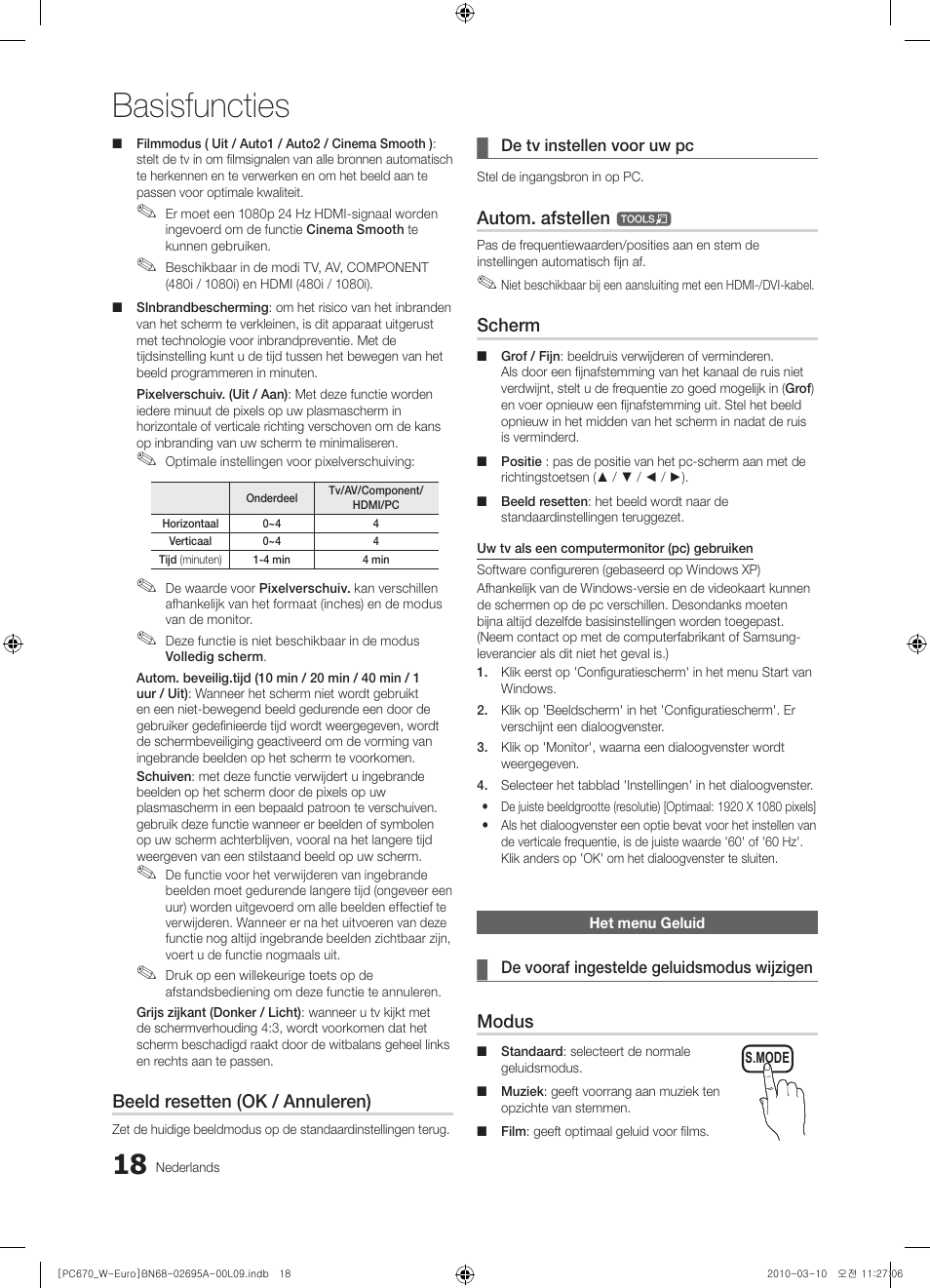 Basisfuncties, Beeld resetten (ok / annuleren), Autom. afstellen | Scherm, Modus | Samsung PS50C670G3S User Manual | Page 168 / 452