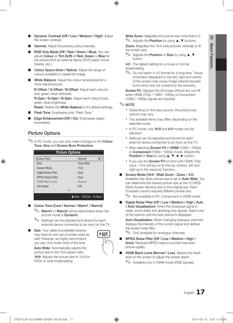 Picture options | Samsung PS50C670G3S User Manual | Page 17 / 452