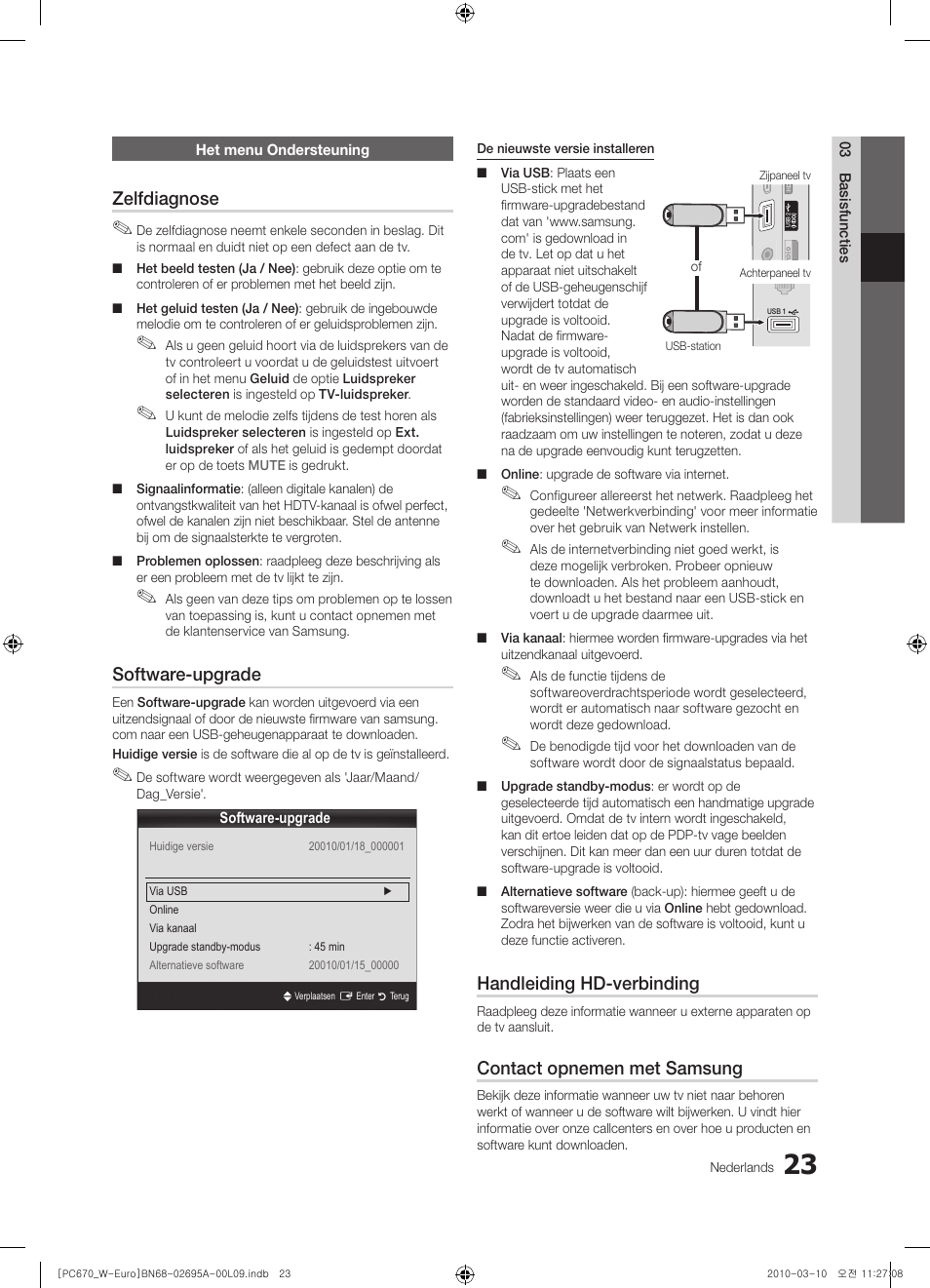 Zelfdiagnose, Software-upgrade, Handleiding hd-verbinding | Contact opnemen met samsung | Samsung PS50C670G3S User Manual | Page 173 / 452