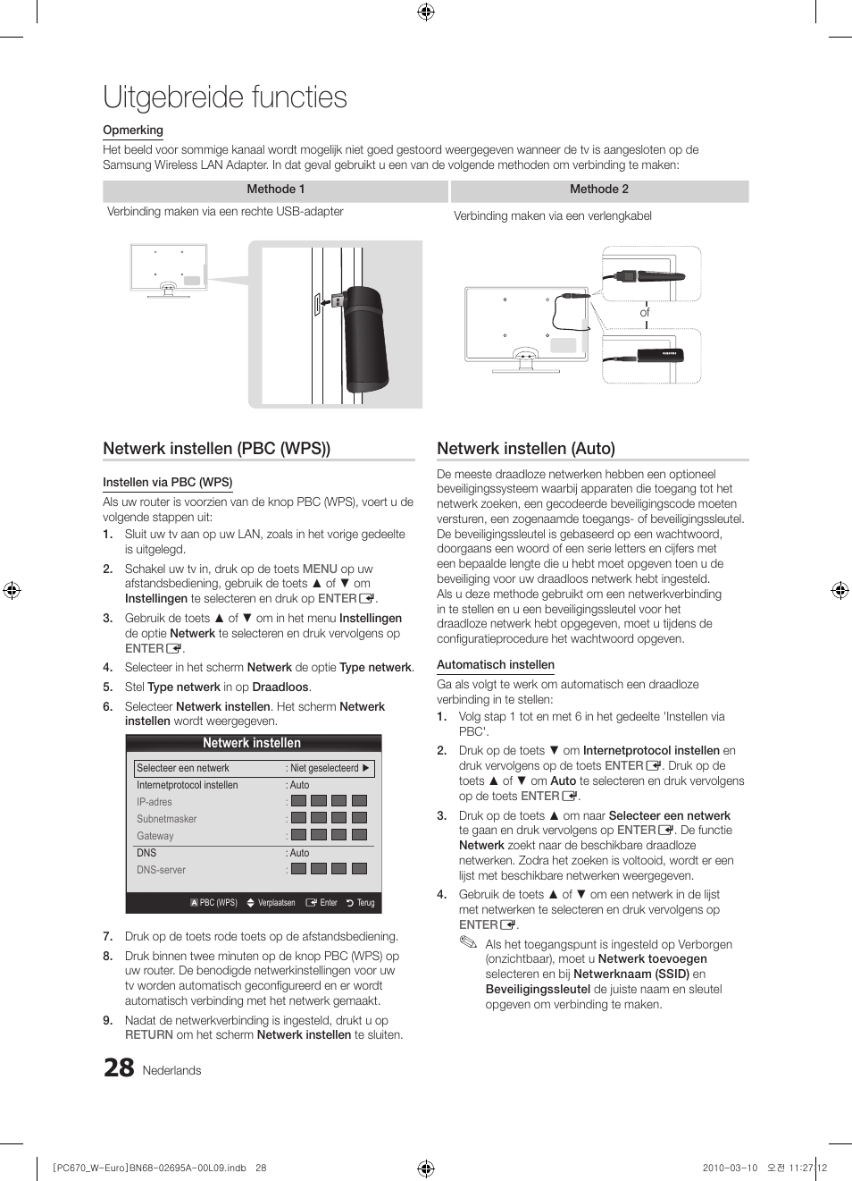 Uitgebreide functies, Netwerk instellen (pbc (wps)), Netwerk instellen (auto) | Samsung PS50C670G3S User Manual | Page 178 / 452