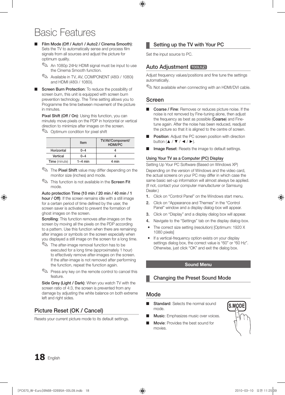 Sound menu, Basic features, Picture reset (ok / cancel) | Auto adjustment, Screen, Mode | Samsung PS50C670G3S User Manual | Page 18 / 452