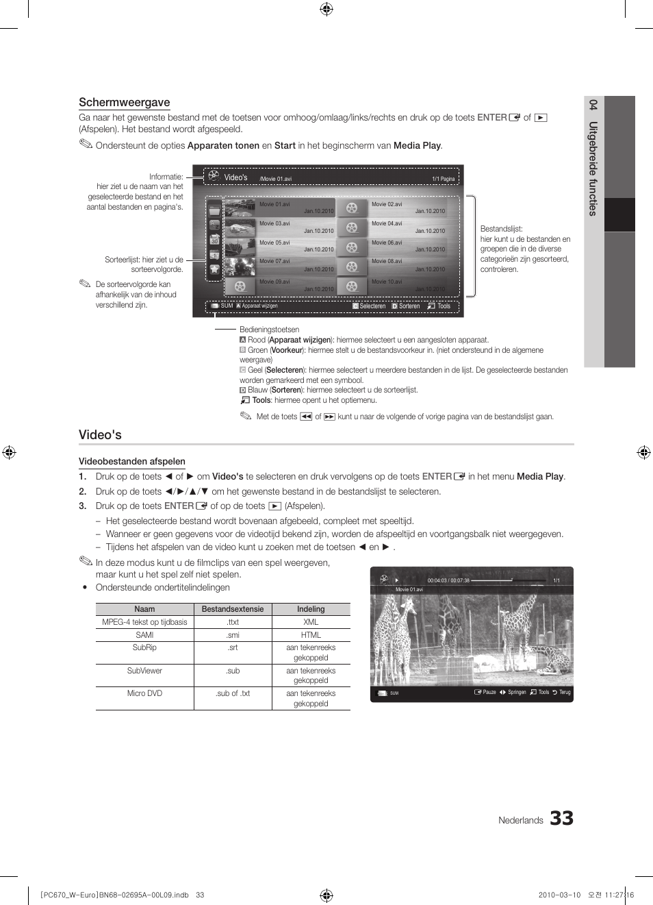 Video's, Schermweergave | Samsung PS50C670G3S User Manual | Page 183 / 452