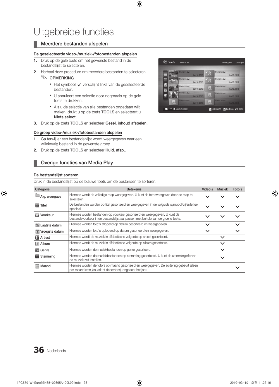 Uitgebreide functies, Meerdere bestanden afspelen, Overige functies van media play | Samsung PS50C670G3S User Manual | Page 186 / 452