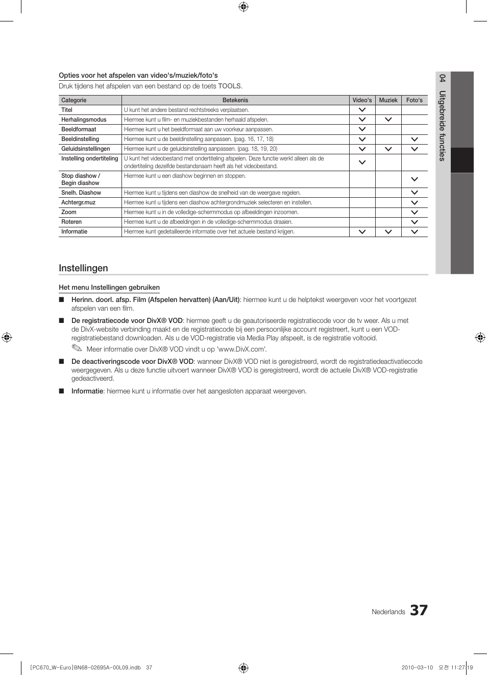 Instellingen | Samsung PS50C670G3S User Manual | Page 187 / 452