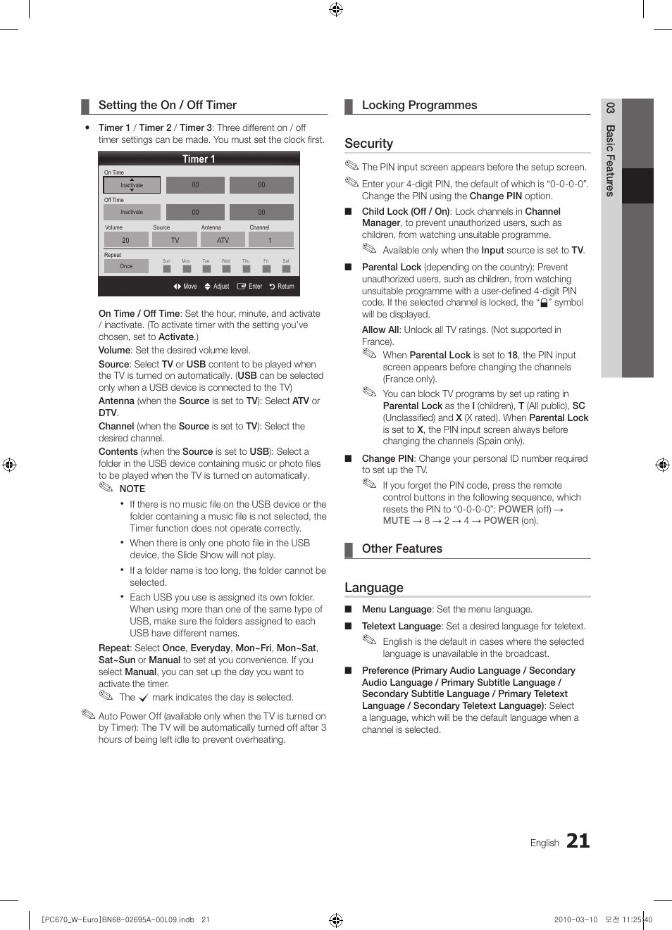 Security, Language | Samsung PS50C670G3S User Manual | Page 21 / 452