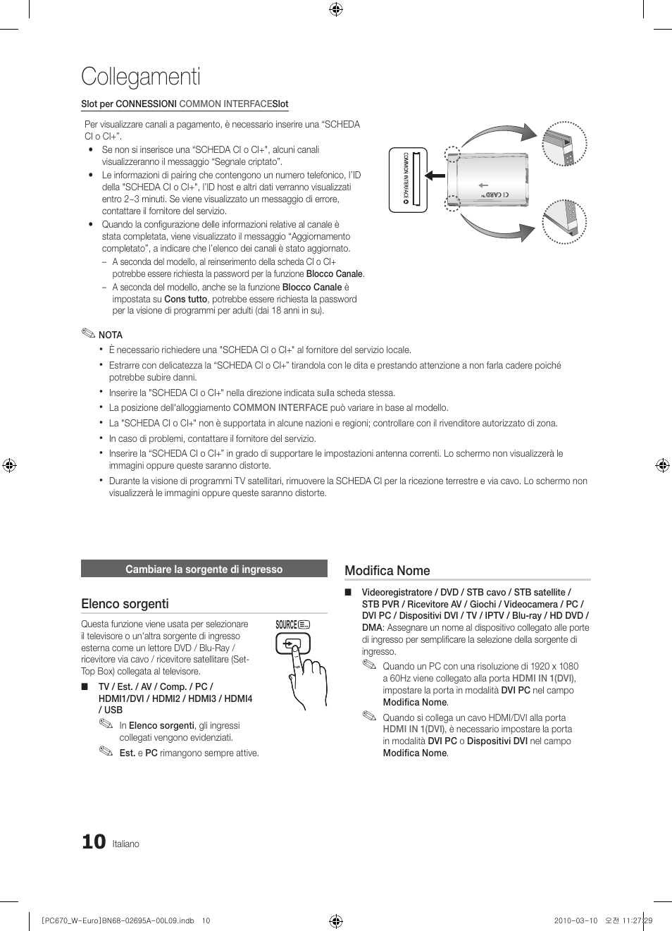 Collegamenti | Samsung PS50C670G3S User Manual | Page 210 / 452