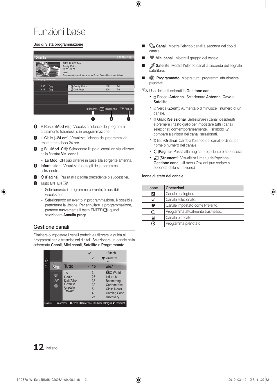 Funzioni base, Gestione canali | Samsung PS50C670G3S User Manual | Page 212 / 452