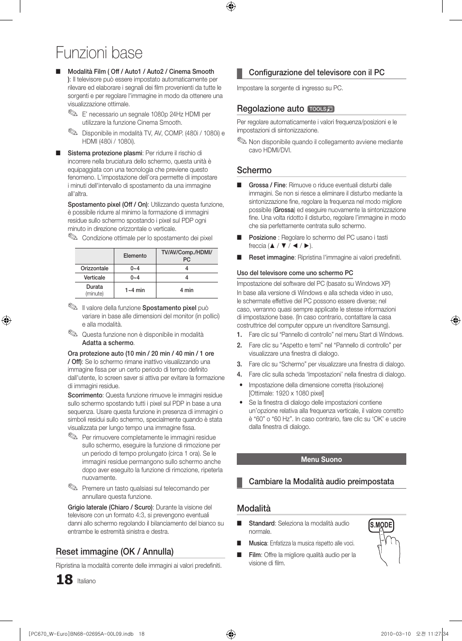 Funzioni base, Reset immagine (ok / annulla), Regolazione auto | Schermo, Modalità | Samsung PS50C670G3S User Manual | Page 218 / 452