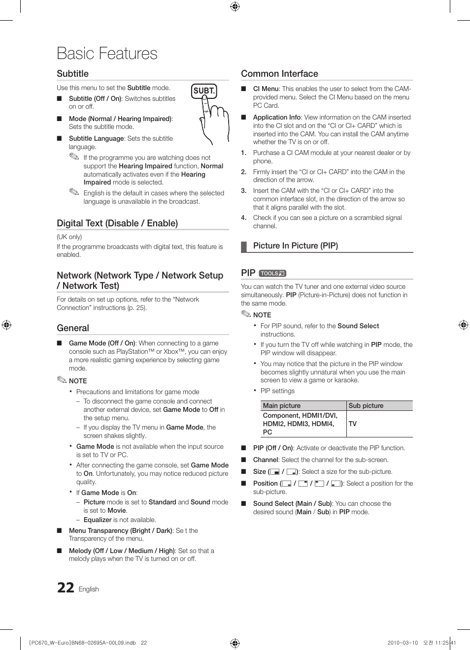 Basic features, Subtitle, Digital text (disable / enable) | General, Common interface | Samsung PS50C670G3S User Manual | Page 22 / 452