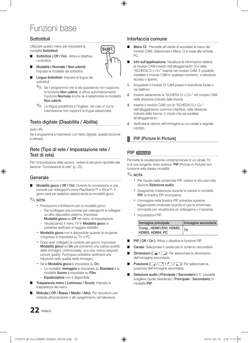 Funzioni base, Sottotitoli, Testo digitale (disabilita / abilita) | Generale, Interfaccia comune | Samsung PS50C670G3S User Manual | Page 222 / 452