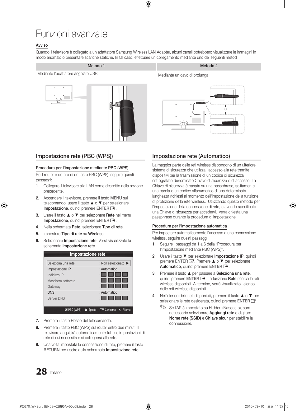 Funzioni avanzate, Impostazione rete (pbc (wps)), Impostazione rete (automatico) | Samsung PS50C670G3S User Manual | Page 228 / 452